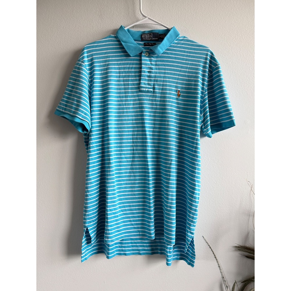 Polo Ralph Lauren Mens Large Pima Soft Touch Striped Polo Shirt Turquoise Blue‎